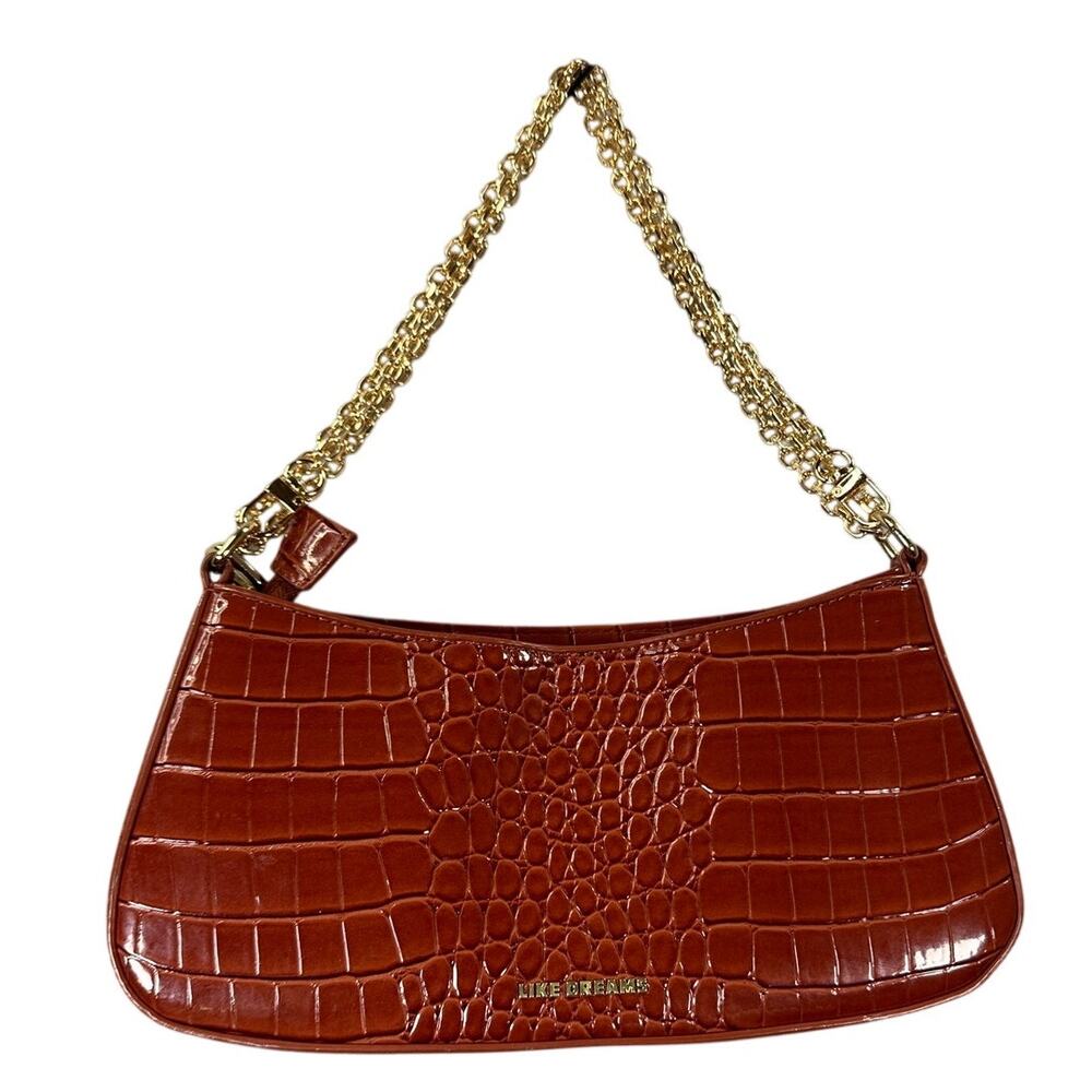 Baguette Bag Cognac Croc Embossed Vegan Leather Chain Strap